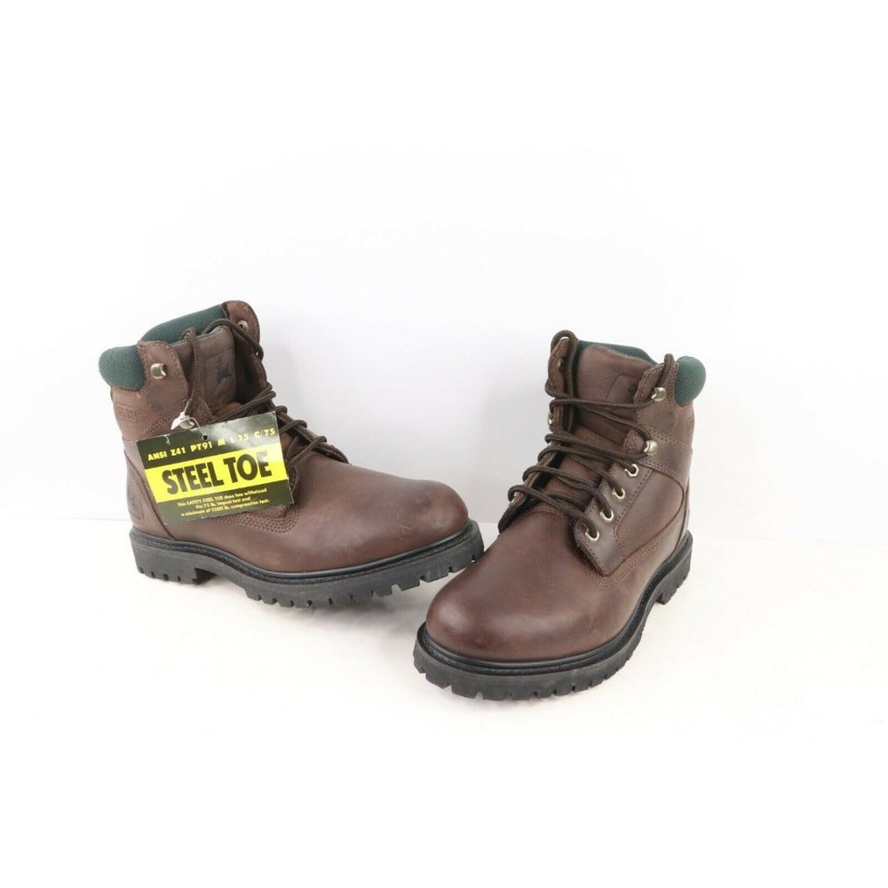 NOS Vintage 90s John Deere Wide Steel Toe Leather Work Boots Brown